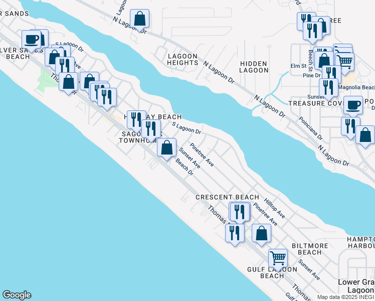 map of restaurants, bars, coffee shops, grocery stores, and more near 6507 Pinetree Avenue in Panama City