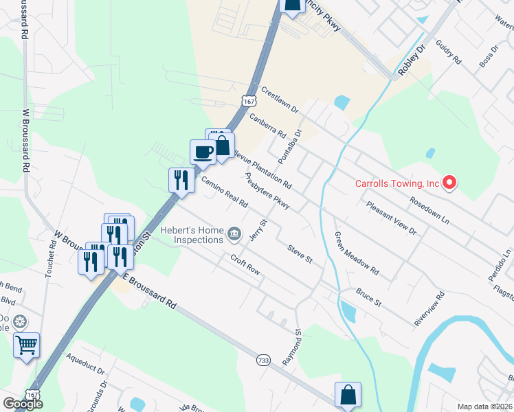 map of restaurants, bars, coffee shops, grocery stores, and more near 210 Presbytere Parkway in Lafayette