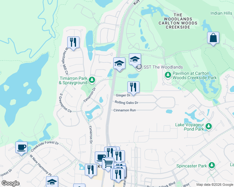 map of restaurants, bars, coffee shops, grocery stores, and more near 8414 Ginger Drive in Spring