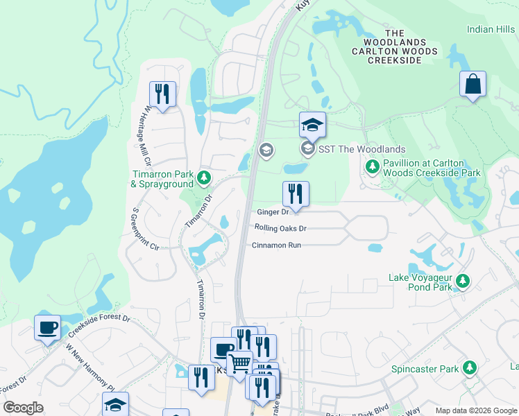 map of restaurants, bars, coffee shops, grocery stores, and more near 8414 Ginger Drive in Spring