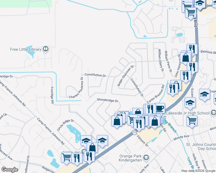 map of restaurants, bars, coffee shops, grocery stores, and more near 599 Richard Lee Street in Orange Park