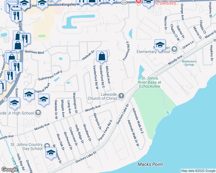 map of restaurants, bars, coffee shops, grocery stores, and more near 36 Vanderford Road East in Orange Park