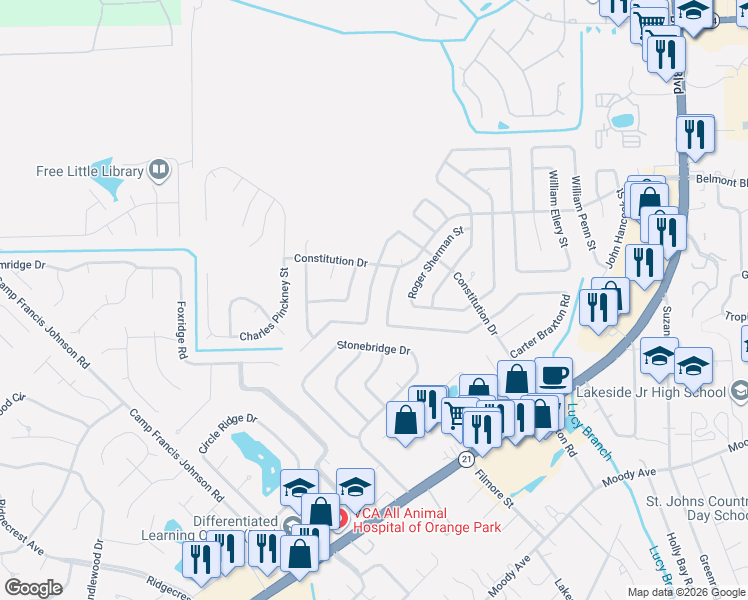 map of restaurants, bars, coffee shops, grocery stores, and more near 593 Richard Lee Street in Orange Park