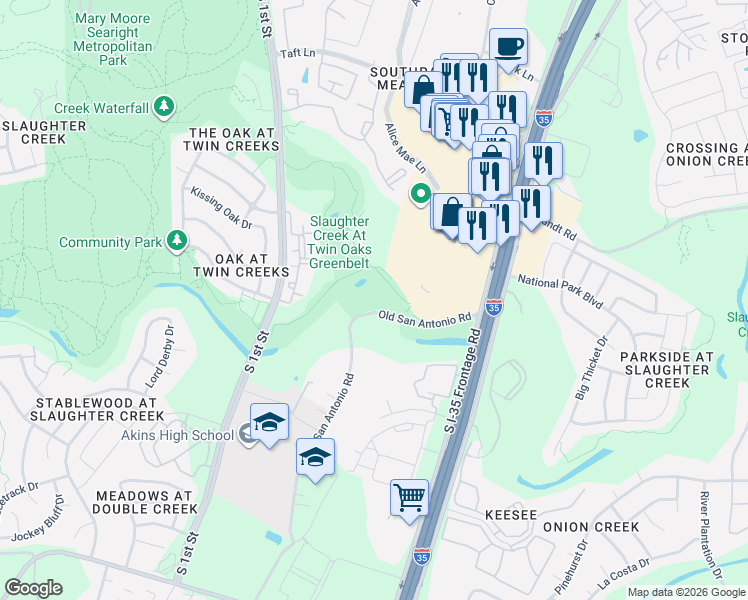 map of restaurants, bars, coffee shops, grocery stores, and more near 10140 Old San Antonio Road in Austin