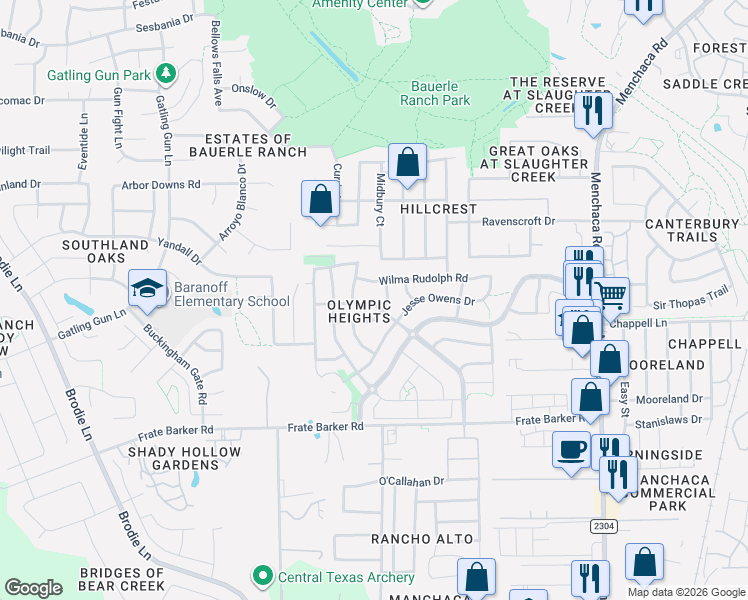 map of restaurants, bars, coffee shops, grocery stores, and more near 11505 Georgia Coleman Bend in Austin