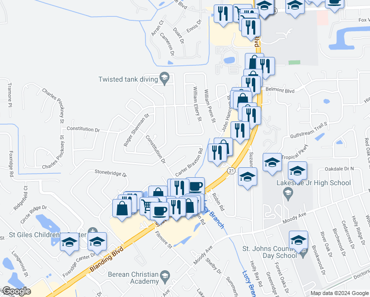map of restaurants, bars, coffee shops, grocery stores, and more near 2195 George Wythe Road in Orange Park