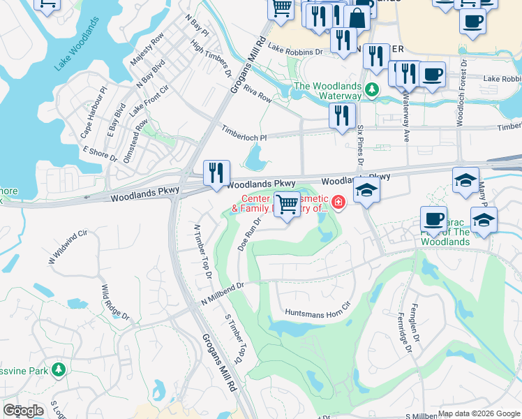 map of restaurants, bars, coffee shops, grocery stores, and more near 45 Doe Run Drive in Spring