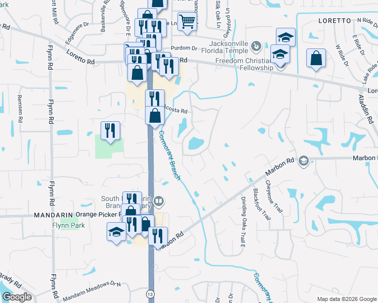 map of restaurants, bars, coffee shops, grocery stores, and more near 3170 Swooping Willow Court West in Jacksonville