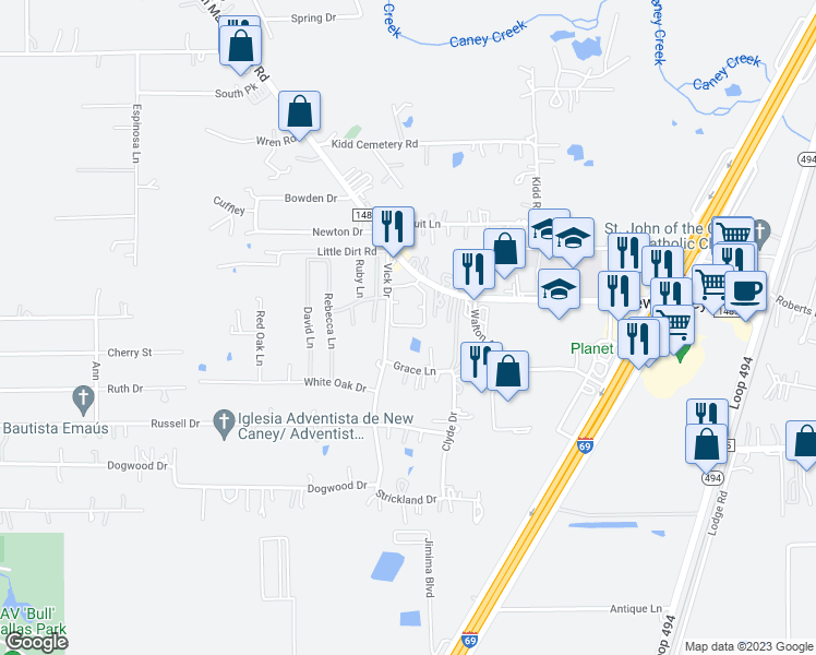 map of restaurants, bars, coffee shops, grocery stores, and more near 20040 Farm to Market 1485 in New Caney