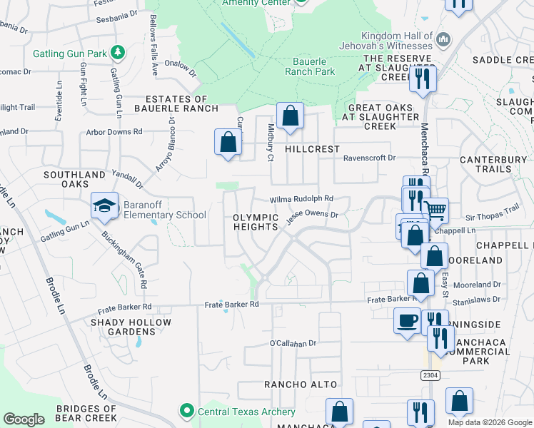 map of restaurants, bars, coffee shops, grocery stores, and more near 11505 Georgia Coleman Bend in Austin