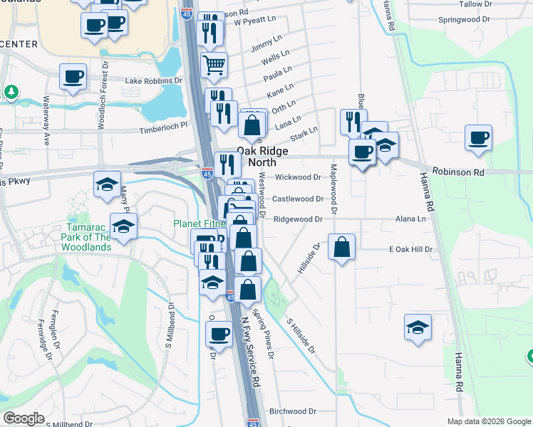 map of restaurants, bars, coffee shops, grocery stores, and more near 26907 Westwood Drive in Spring