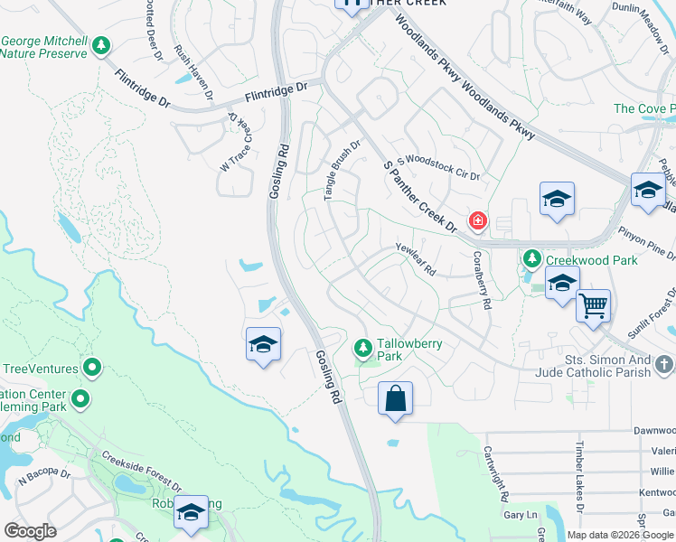 map of restaurants, bars, coffee shops, grocery stores, and more near 87 Yewleaf Drive in Spring