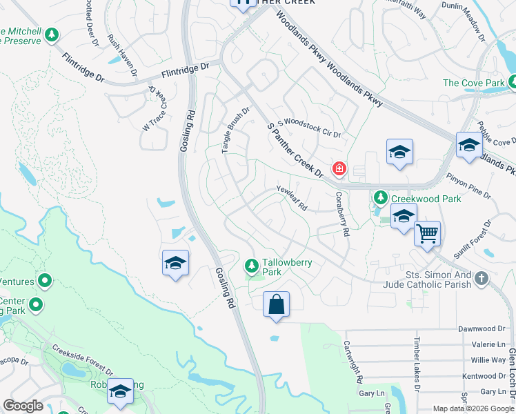 map of restaurants, bars, coffee shops, grocery stores, and more near 12 Yewleaf Drive in The Woodlands