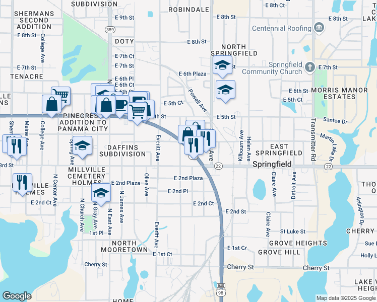 map of restaurants, bars, coffee shops, grocery stores, and more near 3214 East Highway 98 in Panama City