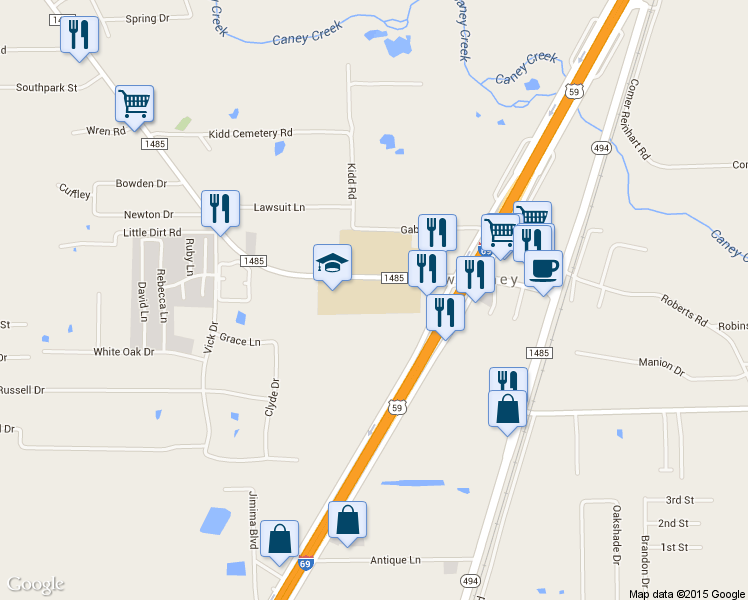 map of restaurants, bars, coffee shops, grocery stores, and more near 20350 FM 1485 Road in New Caney