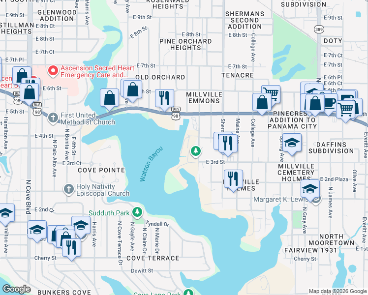 map of restaurants, bars, coffee shops, grocery stores, and more near 409 Maple Ave in Panama City