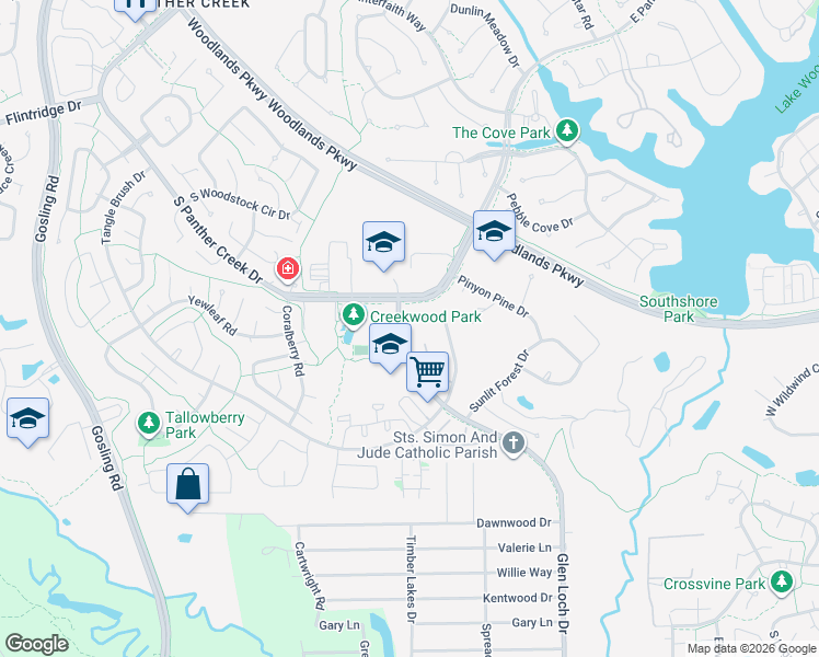 map of restaurants, bars, coffee shops, grocery stores, and more near 5 Cape Chestnut Drive in Spring