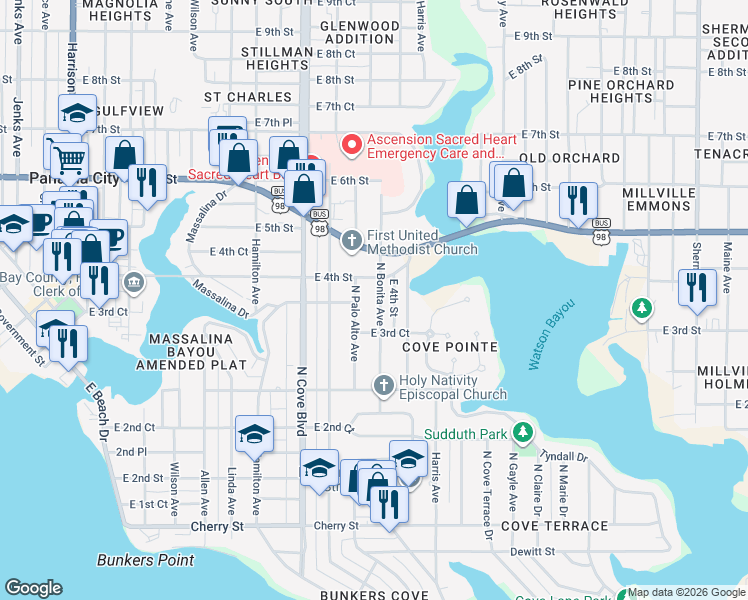 map of restaurants, bars, coffee shops, grocery stores, and more near 345 North Bonita Avenue in Panama City