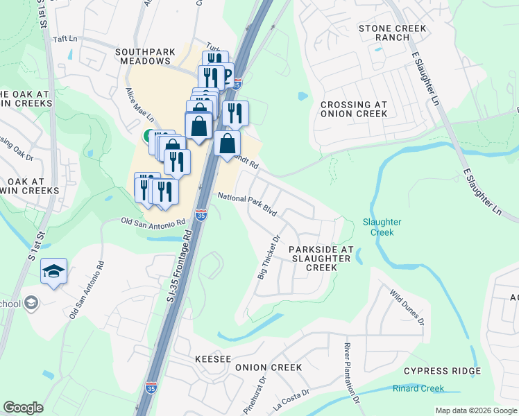 map of restaurants, bars, coffee shops, grocery stores, and more near 2101 National Park Boulevard in Austin