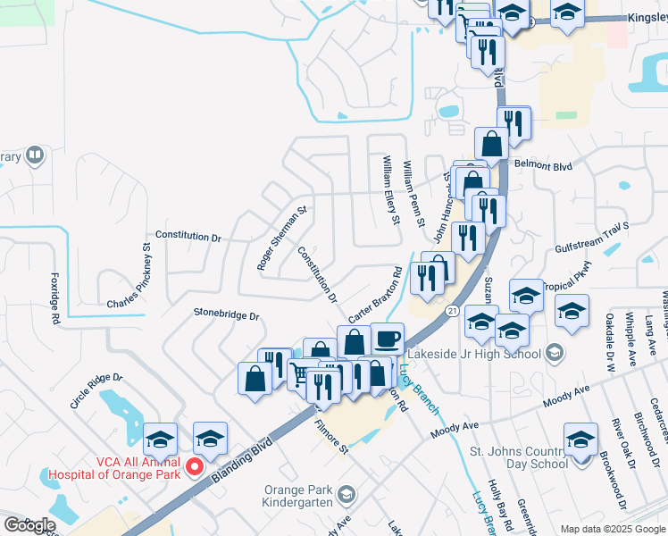 map of restaurants, bars, coffee shops, grocery stores, and more near 614 Charles Carroll Street in Orange Park