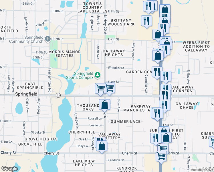 map of restaurants, bars, coffee shops, grocery stores, and more near 5012 East 4th Street in Panama City