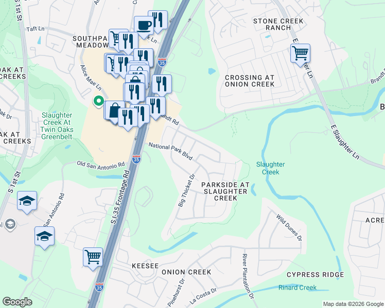 map of restaurants, bars, coffee shops, grocery stores, and more near 10021 Mount Rainier Drive in Austin