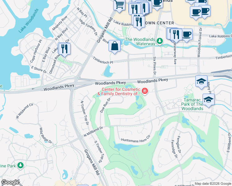 map of restaurants, bars, coffee shops, grocery stores, and more near 45 Doe Run Drive in Spring