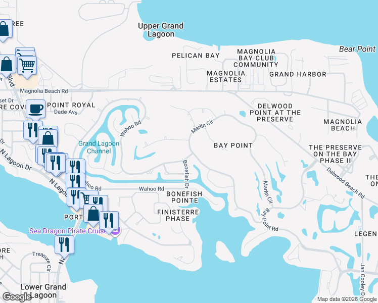 map of restaurants, bars, coffee shops, grocery stores, and more near 300 Wahoo Road in Panama City Beach