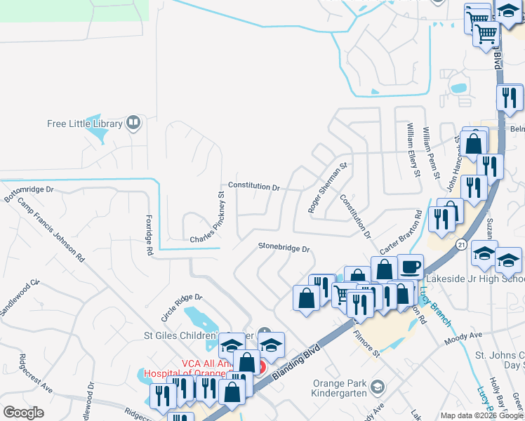 map of restaurants, bars, coffee shops, grocery stores, and more near 604 John Adams Street in Orange Park