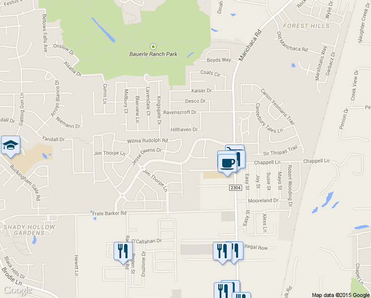 map of restaurants, bars, coffee shops, grocery stores, and more near 2200 Marcus Abrams Boulevard in Austin