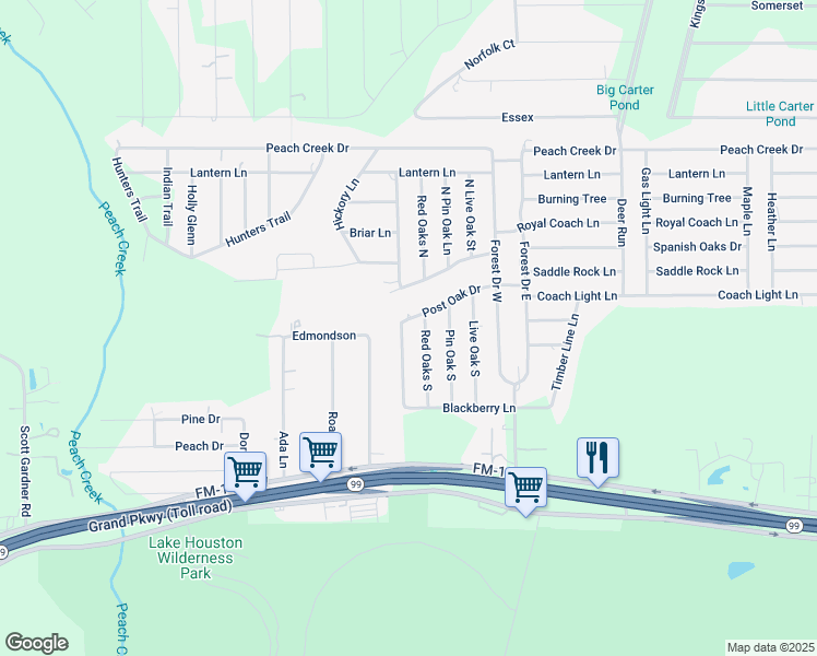 map of restaurants, bars, coffee shops, grocery stores, and more near 19983 South White Oak Drive in New Caney