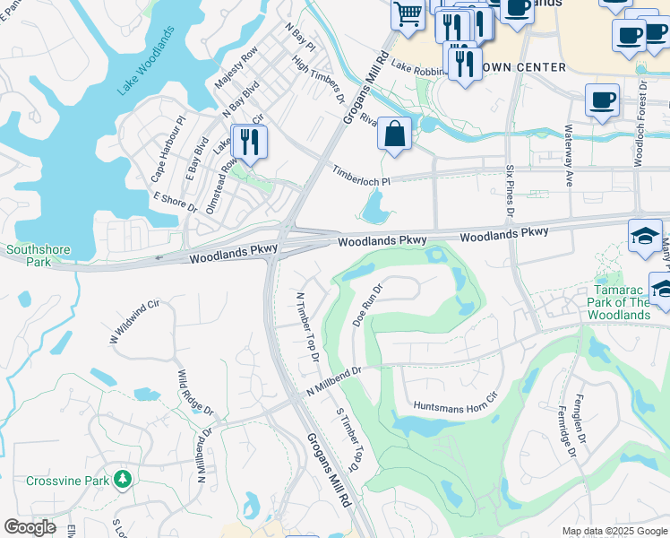 map of restaurants, bars, coffee shops, grocery stores, and more near 18 North Timber Top Drive in Spring