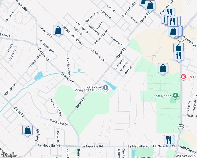 map of restaurants, bars, coffee shops, grocery stores, and more near 700 Bonin Road in Lafayette