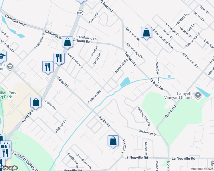 map of restaurants, bars, coffee shops, grocery stores, and more near 101 North Michot Road in Lafayette