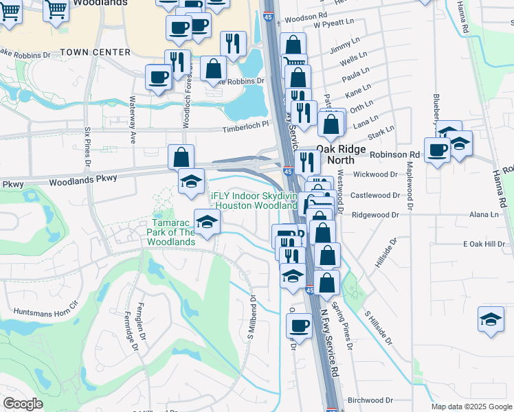 map of restaurants, bars, coffee shops, grocery stores, and more near 46 Brookflower Road in Spring
