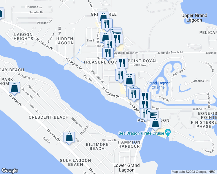 map of restaurants, bars, coffee shops, grocery stores, and more near 2814 Banyan Street in Panama City