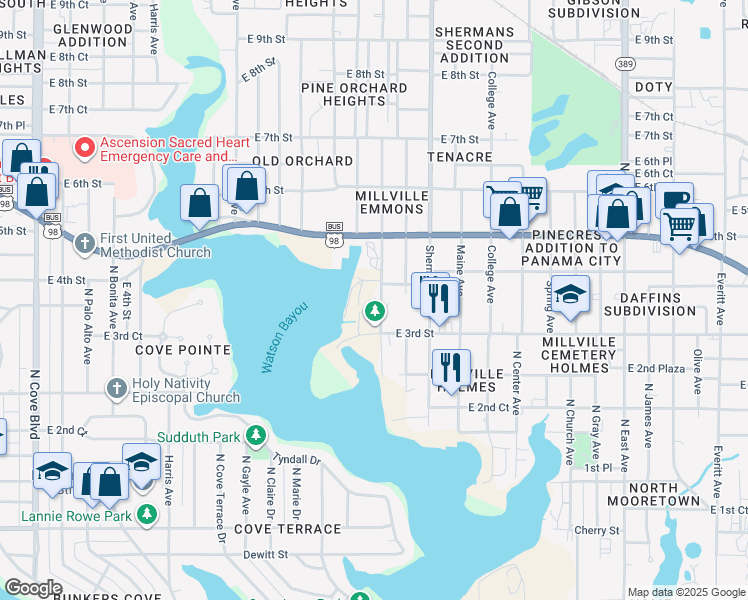 map of restaurants, bars, coffee shops, grocery stores, and more near 409 Maple Ave in Panama City