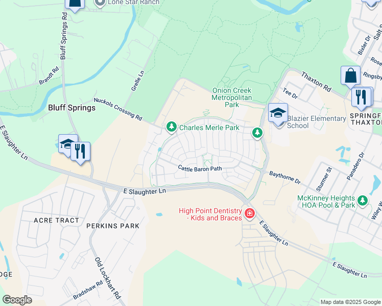 map of restaurants, bars, coffee shops, grocery stores, and more near 5316 Baythorne Drive in Austin