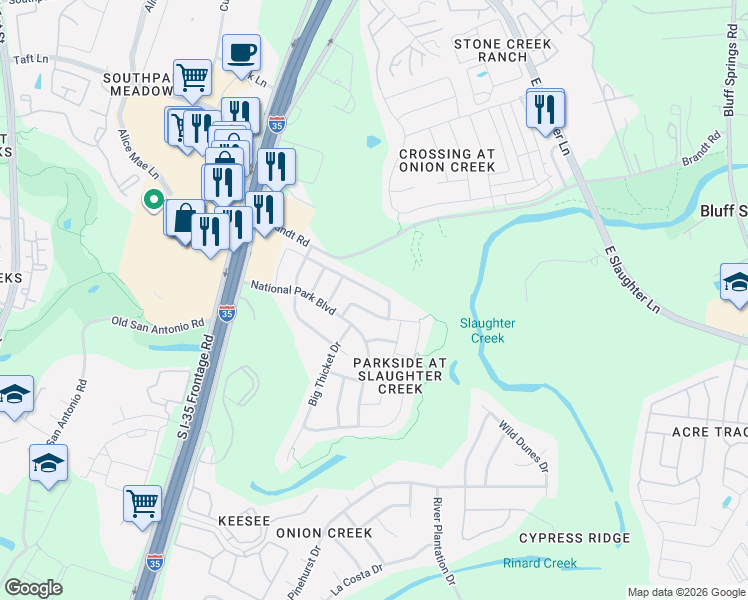 map of restaurants, bars, coffee shops, grocery stores, and more near 2205 Petrified Forest Drive in Austin