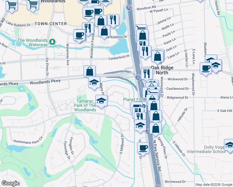 map of restaurants, bars, coffee shops, grocery stores, and more near 17 Brookflower Road in Spring