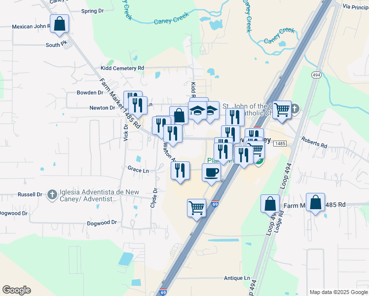 map of restaurants, bars, coffee shops, grocery stores, and more near 20350 FM 1485 Road in New Caney