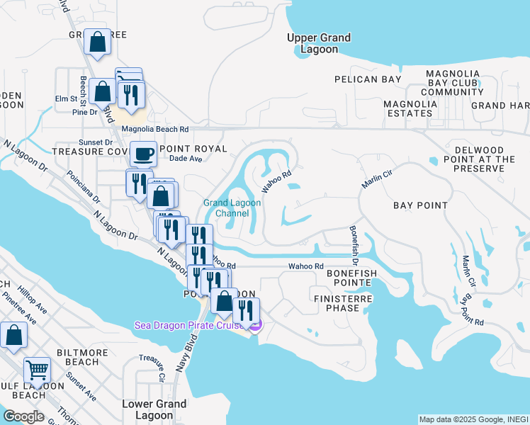 map of restaurants, bars, coffee shops, grocery stores, and more near 356 Wahoo Road in Panama City