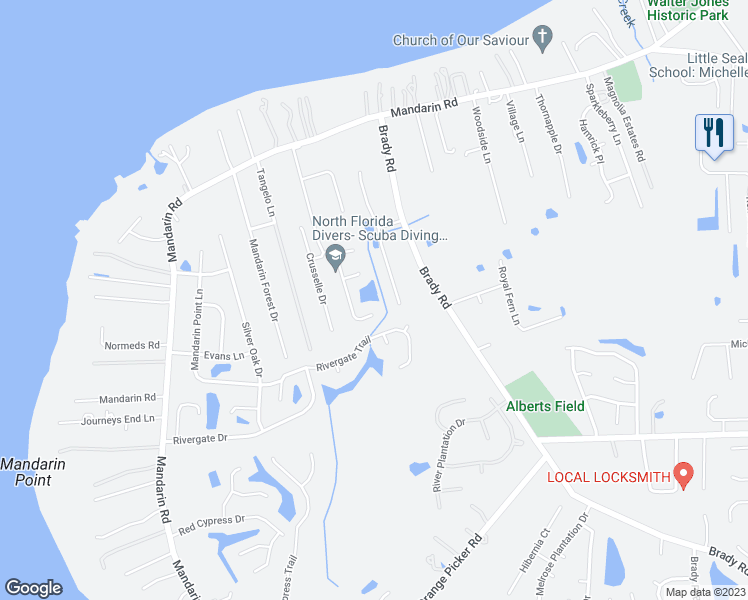 map of restaurants, bars, coffee shops, grocery stores, and more near 11809 Wordsworth Court in Jacksonville