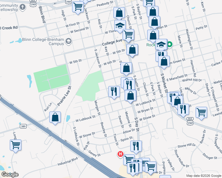 map of restaurants, bars, coffee shops, grocery stores, and more near 509 West Val Verde Street in Brenham