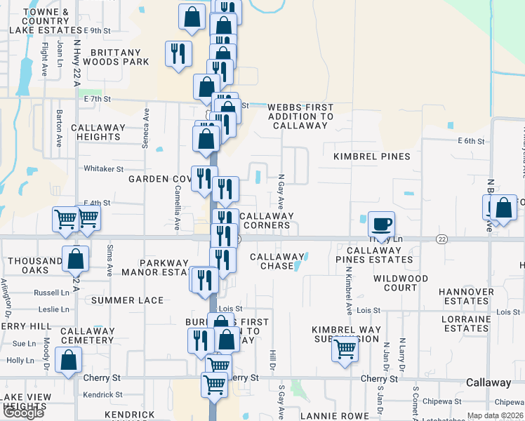 map of restaurants, bars, coffee shops, grocery stores, and more near in Callaway