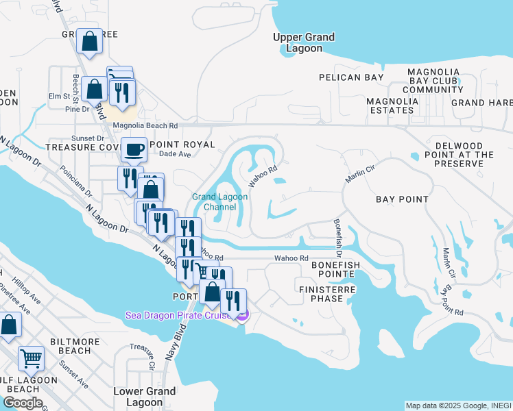 map of restaurants, bars, coffee shops, grocery stores, and more near 356 Wahoo Road in Panama City Beach