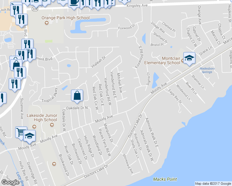 map of restaurants, bars, coffee shops, grocery stores, and more near 36 Vanderford Road East in Orange Park