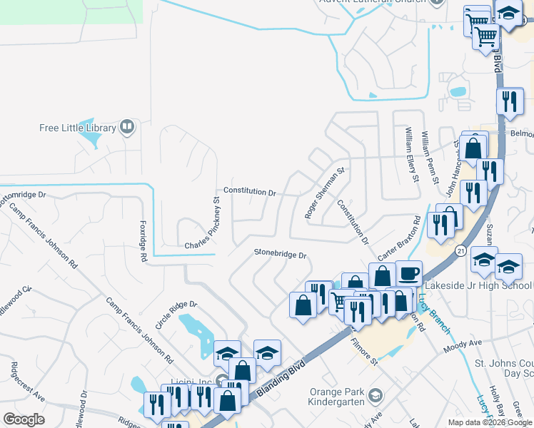 map of restaurants, bars, coffee shops, grocery stores, and more near 599 John Adams in Orange Park