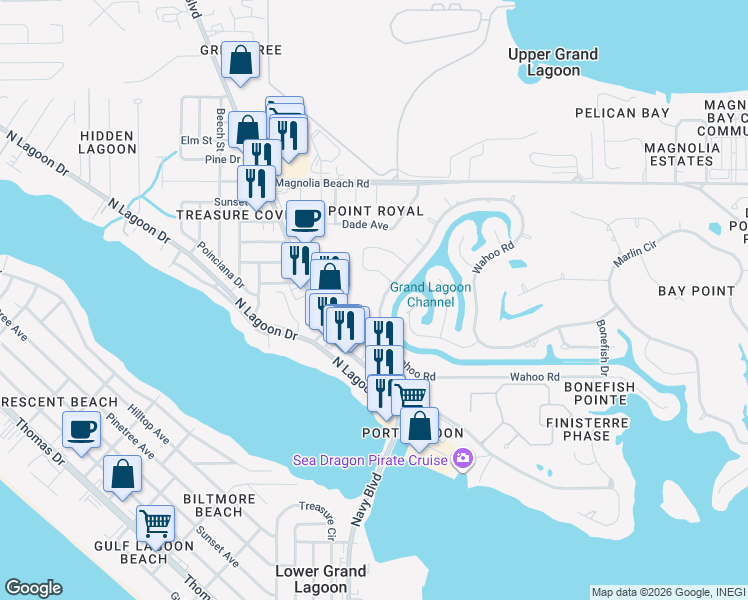 map of restaurants, bars, coffee shops, grocery stores, and more near 2909 Thomas Drive in Panama City Beach
