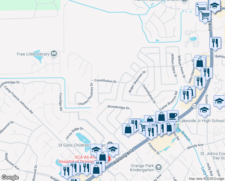 map of restaurants, bars, coffee shops, grocery stores, and more near 604 John Adams Street in Orange Park